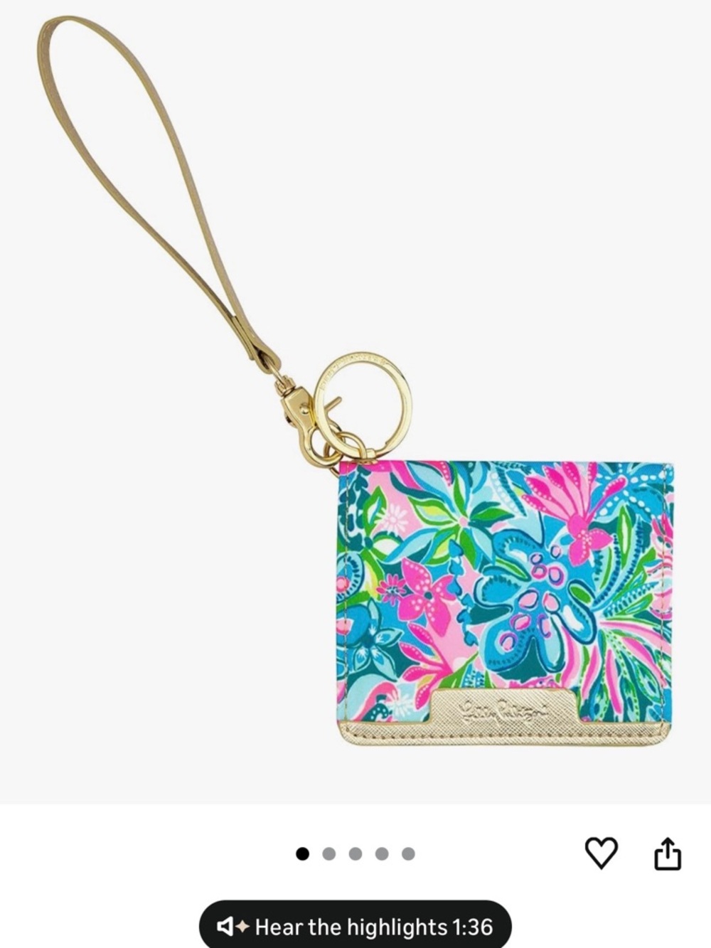 Lilly Pulitzer Blue Pink Green Tropical Wristlet Card Holder with Gold Accent